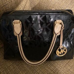 MICHAEL MICHAEL KORS Shiny Black Monogram / Leather Satchel